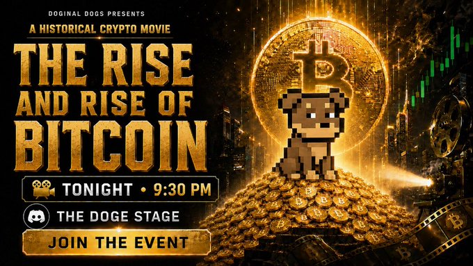 Promotional graphic for a Discord event hosted by Doginal Dogs, advertising a 9:30 PM screening of "The Rise & Rise of Bitcoin" featuring a pixel dog with sunglasses perched on a rainbow above the phrase "RIDE THE RAINBOW IGNORE THE ABYSS," with a "JOIN THE EVENT" call-to-action button.