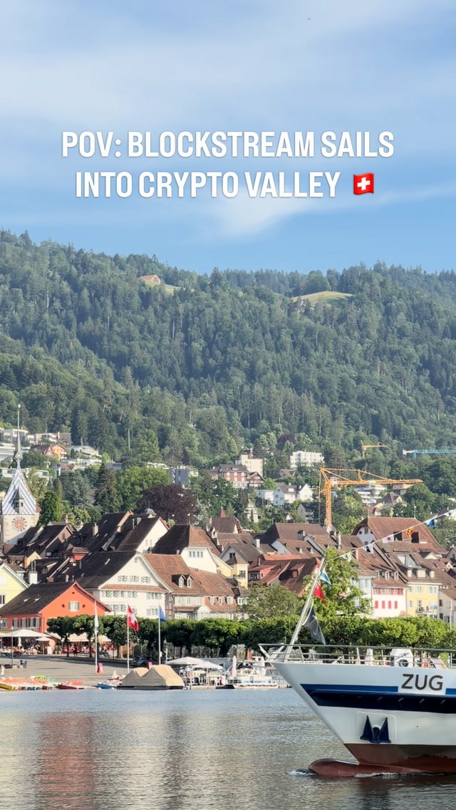 The image shows a boat docked at a pier with a city skyline in the background. The text "Pov-Blockstream sails into Crypt Valley" is displayed above the boat, indicating that Bitcoin is being discussed at an event taking place on this boat. This suggests that the future of finance may be influenced by cryptocurrency technology and its potential impact on traditional financial systems.