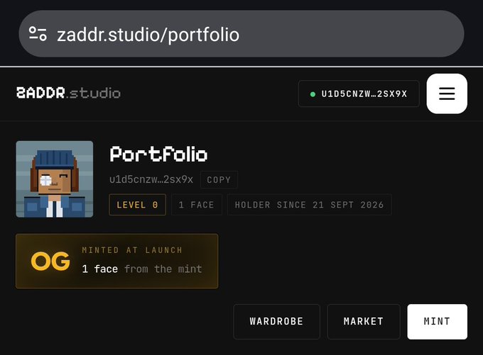 A screenshot of zaddr.studio/portfolio showing a pixelated character avatar with 'Portfolio' text, an NFT address 'u1d5cnzw...2sx9x', 'LEVEL 0', '1 FACE', 'HOLDER SINCE 21 SEPT 2026', and an 'OG MINTED AT LAUNCH 1 face from the mint' badge.