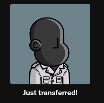 This image shows a digital artwork with the text "Just transferred!", likely representing the @npconchain NFT that was won and sent to the giveaway winner's wallet.