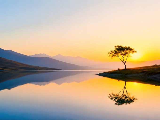 A serene sunset landscape featuring a calm lake perfectly reflecting a lone acacia tree and distant mountains under a warm orange sky.