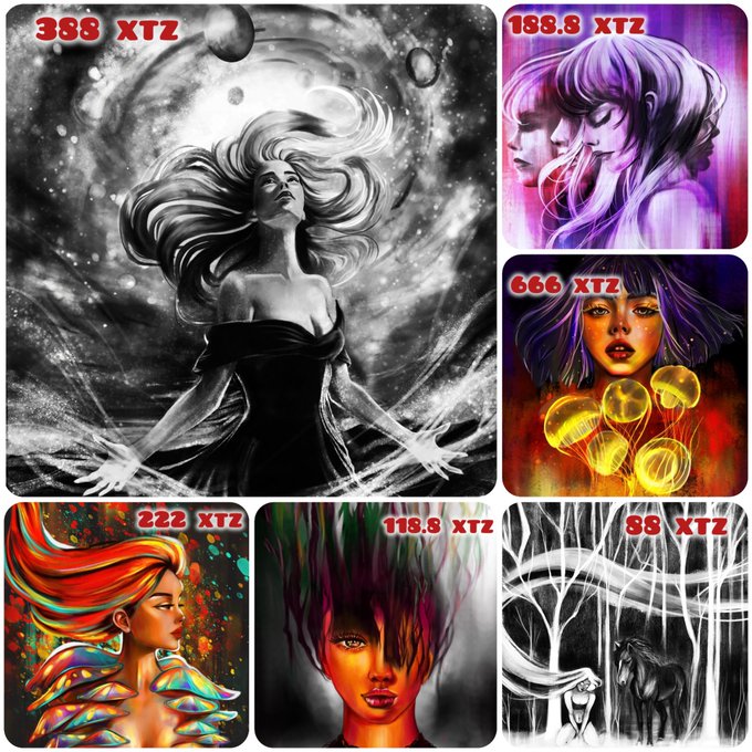 A grid of six digital art pieces featuring women and a forest scene with horses, each labeled with prices in XTZ (388, 188.8, 666, 222, 118.8, and 89 XTZ).