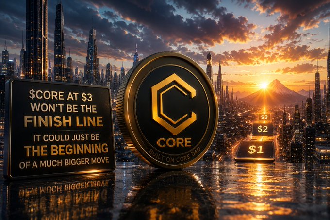A promotional graphic for CORE token featuring a gold coin with the CORE logo, stating "$CORE AT $3 WON'T BE THE FINISH LINE" and "IT COULD JUST BE THE BEGINNING OF A MUCH BIGGER MOVE" against a futuristic sunset cityscape.