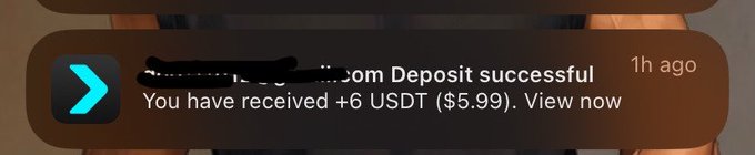 A screenshot of a mobile notification from an app showing a successful deposit message reading "...om Deposit successful You have received +6 USDT ($5.99). View now", timestamped "1h ago".