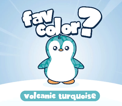 A cartoon penguin illustration with a teal/turquoise body standing against a light blue background, with text asking 'fav color?' and labeling the shade as 'volcanic turquoise'.