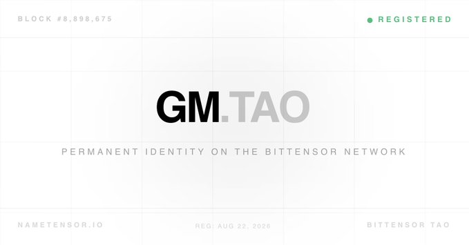 A digital identity card for 'GM.TAO' registered as permanent identity on the Bittensor Network, with block number #8,898,675 and registration date of Aug 22, 2026.