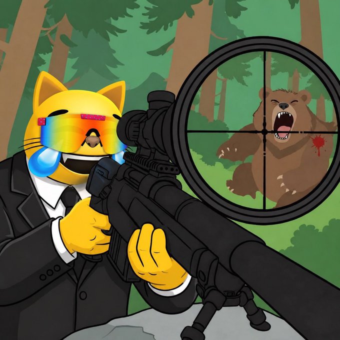 A cartoon cat in a black suit aims a sniper rifle at a roaring bear in the crosshairs, set in a forest.