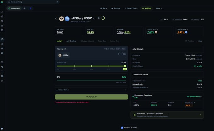 A screenshot of a DeFi 'Multiply' interface on what appears to be the Euler finance protocol, showing sUSDai/USDC positions with a 33.4% Final APY and an 8.20x multiplier.