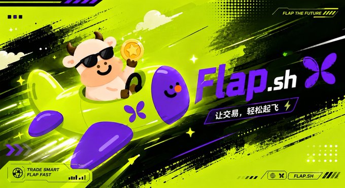 A promotional graphic for 'Flap.sh' featuring a cartoon cow pilot in a green airplane, with the tagline 'TRADE SMART FLAP FAST' and Chinese text '让交易, 轻松起飞'.