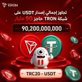 The image shows a celebratory graphic from Tether with bold text stating "It’s Official! The total issuance of USDT on the TRON network has exceeded 90,200,000,000," featuring a glowing red TRON logo alongside a giant 90B+ figure, visually reinforcing the milestone of TRON surpassing 90 billion USDT issuance highlighted in the accompanying post.