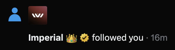 Social media notification showing that the account 'Imperial' followed a user 16 minutes ago, alongside a 'W' logo.