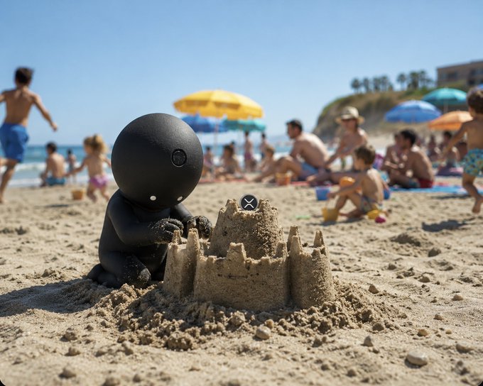 A small black robot kneels on a sunny beach, carefully constructing a sandcastle while families enjoy the shore under colorful umbrellas in the background. The image humorously mirrors the post's message, depicting a lone builder diligently "building" on the sand while everyone else is occupied, symbolizing dedication amid distraction—much like holding onto $XRPS through the noise.
