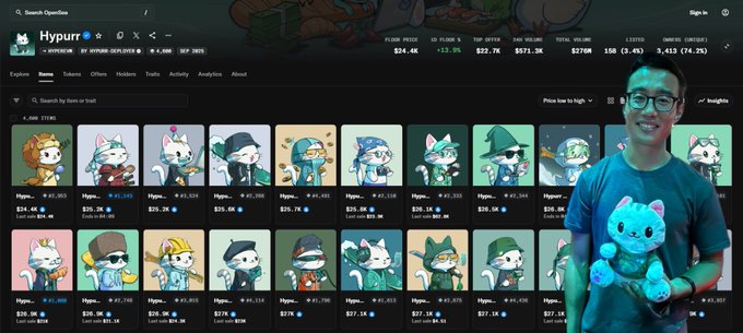 An OpenSea NFT marketplace page showing a collection called 'Hypurr' with cartoon cat avatars, with a floor price of $24.4K and total volume of $571.3K, alongside a man holding a matching plush toy.