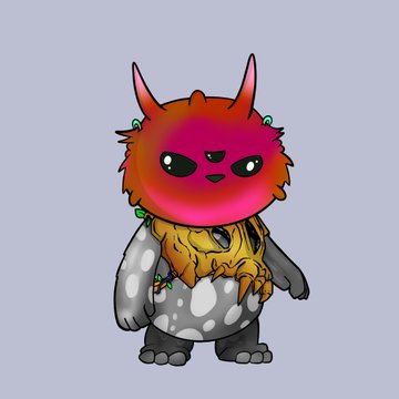 A cute cartoon creature with a fluffy red and pink horned head, gray body, and a tan mane stands against a light purple background. The image appears to be a new profile picture (PFP) for "Mimus," an NFT project, as suggested by the accompanying post about scooping up three new Mimus NFTs.