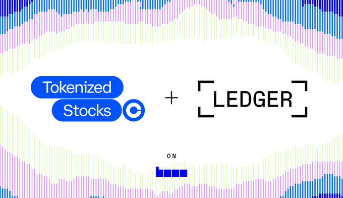 A graphic displaying the text 'Tokenized Stocks' with a 'C' icon, a plus sign, and the word 'LEDGER' in brackets, set against a pixelated pastel background with 'ON' visible below.