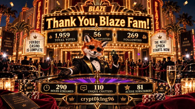 An anthropomorphic fox wearing sunglasses and a tuxedo stands behind a casino gaming table, with a marquee displaying "Thank You, Blaze Fam!" and various streaming statistics like "1,959 TOTAL VOTES" and "56 SUPPORTERS" above.