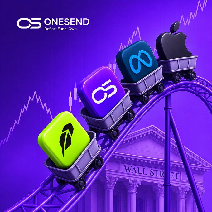 A vibrant 3D illustration shows a roller coaster ride ascending past Wall Street, with carts carrying icons for USDC, the OneSend logo, and Apple, symbolizing the project's "ride to the top" as it expands payment options. The OneSend branding ("Define. Fund. Own.") appears in the top-left, visually reinforcing the dev update about adding USDC, USDe, Base, and BNB chain support.