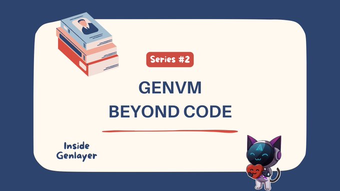 A promotional graphic for "Inside Genlayer" Series #2 titled "GENVM BEYOND CODE", featuring stacked books, a cat-like mascot with a heart, and a dark blue background.