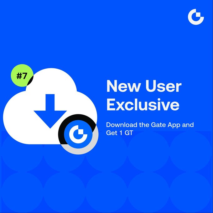 The image features a blue background with white text that reads "New User Exclusive" followed by an arrow pointing downwards. Below this, there are two green circles with a black dot in between them. The text also mentions that users can download the Gate App and get 1 GT for free.