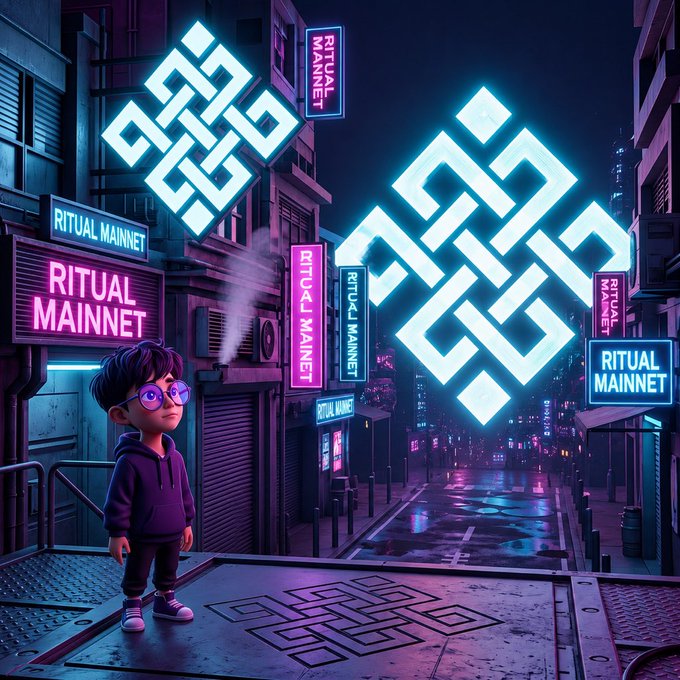 A cartoon character with purple glasses stands on a neon-lit cyberpunk street beneath glowing cyan "endless knot" logos and pink "RITUAL MAINNET" signs, with the same knot symbol etched into the pavement at their feet—tying together the cryptic "ritual mainnet soon" tease by literally stamping the Ritual brand across the scene.