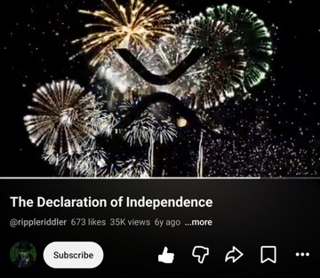 A YouTube thumbnail-style image titled "The Declaration of Independence" by @rippleriddler displays silver and green fireworks bursting against a black sky, with the XRP logo overlaid in the center. The post tags #XRP, suggesting the image symbolizes a celebratory or pivotal moment for the Ripple/XRP community.