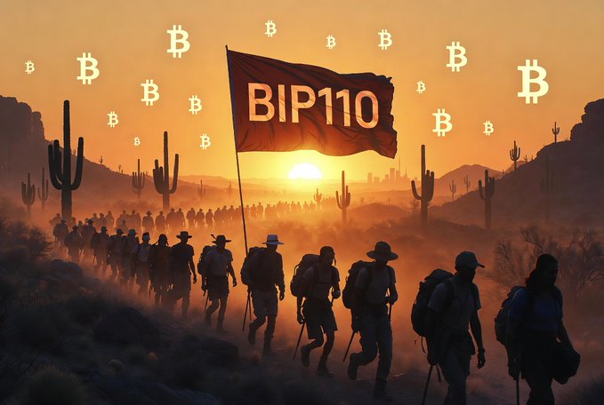 A stylized digital artwork of silhouettes walking through a desert landscape at sunset under a banner reading 'BIP110', with Bitcoin symbols floating in the sky.