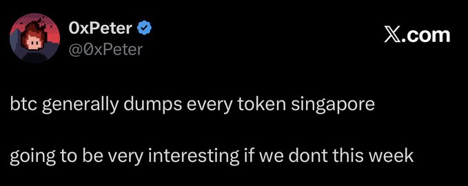 A screenshot of a tweet from verified user @0xPeter reading: 'btc generally dumps every token singapore going to be very interesting if we dont this week'.