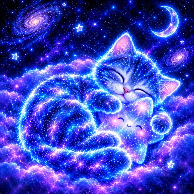 A cosmic, psychedelic illustration of a sleeping cat and a small star-creature cuddling against a vibrant purple and blue galaxy background filled with stars and moons.