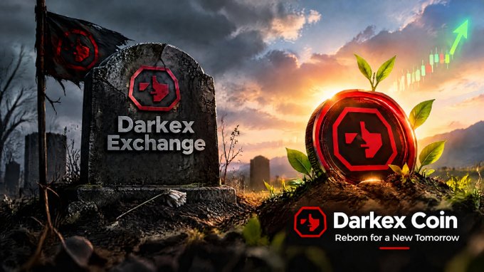 A promotional image for 'Darkex Exchange' and 'Darkex Coin' with the tagline 'Reborn for a New Tomorrow' depicts a tombstone on the left and a growing plant with a coin and rising green chart arrow on the right.