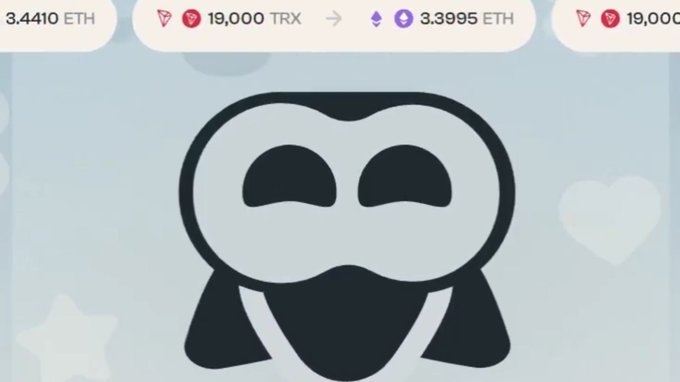 A cartoon penguin-like mascot character with exchange rates for ETH and TRX cryptocurrencies displayed at the top.