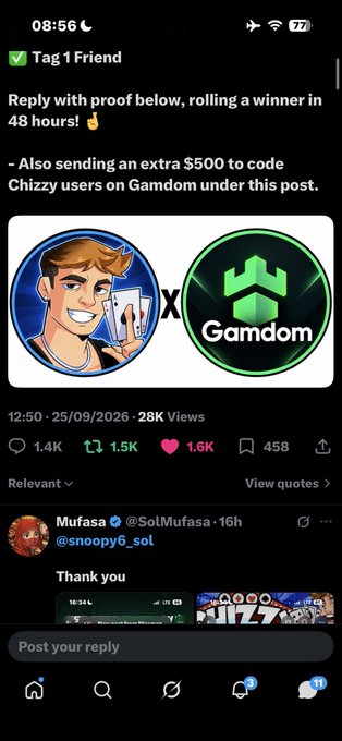 A social media post from Mufasa (@SolMufasa) promoting a giveaway collaboration between Gamdom and Chizzy, offering $500 to users, with 28K views and 1.5K reposts.