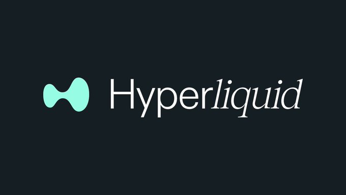 The image displays the Hyperliquid logo, featuring a teal hourglass-like symbol next to the word "Hyperliquid" in white italicized text on a dark background. The logo represents the Hyperliquid platform where Hyperion DeFi has deployed 500,000 staked $HYPE (~$33.6M) to Skew to enable new institutional perpetual markets via HIP-3.