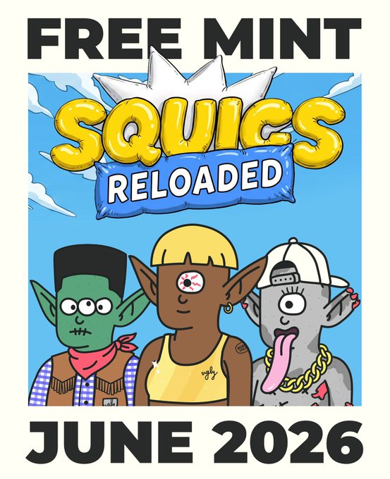 The image features a poster for SquigsReloaded, which is an upcoming video game release. The poster includes three cartoon characters - two green dwarfs and one gray gnome - standing together against a blue sky backdrop. The text on the poster announces that the game will be released in June 2016 with a supply of 4444. To enter the giveaway, followers are encouraged to share the post on social media using the hashtag #SquigsReloaded or #SquigsReloaded2016, and to drop their EVM wallet below 5 winners will be picked for a chance to win the game.