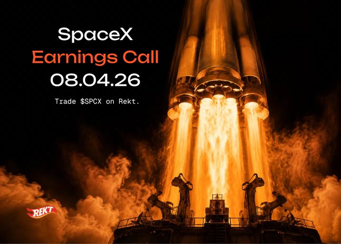 A promotional graphic for a SpaceX Earnings Call on 08.04.26, instructing viewers to 'Trade $SPCX on Rekt,' featuring a rocket launching with fiery exhaust.
