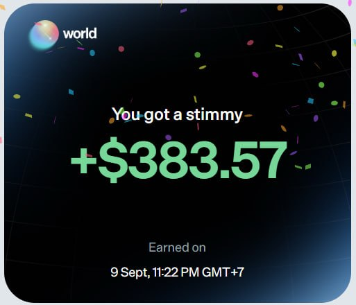 A digital notification from the 'world' app displays 'You got a stimmy' for '+$383.57', earned on 9 Sept, 11:22 PM GMT+7.