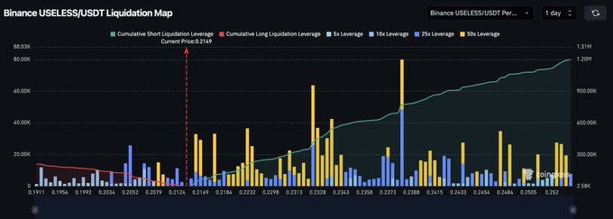 The image is a Binance USELESS/USDT Liquidation Map showing cumulative short and long liquidation levels across various leverage tiers (5x to 50x), with the current price at $0.2149 and visible leverage spikes up to 1.31M concentrated heavily on the short side (blue bars) above the current price. This visually supports the post's claim that there is no significant long liquidation risk below current price, while massive short positions up to 300M await liquidation if price rises—reinforcing the author's "buy zone" thesis.