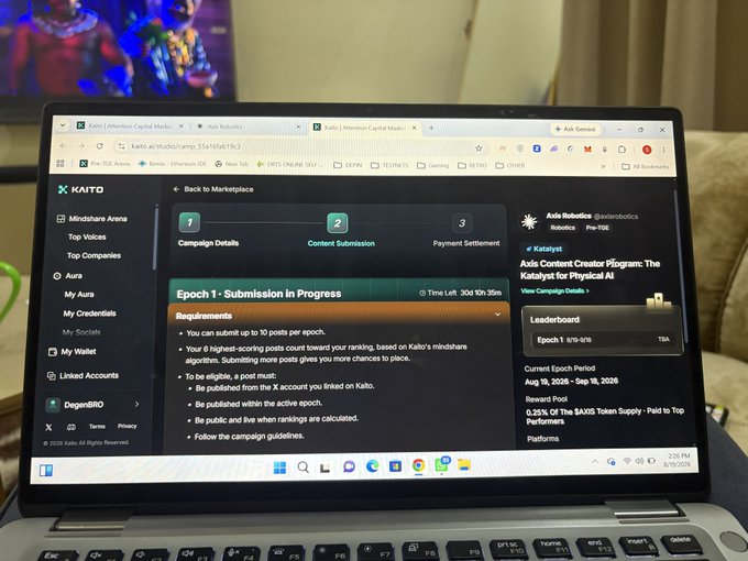 A laptop displays the Kaito platform's "Axis Content Creator Program" campaign page for $AXIS Robotics, showing requirements for Epoch 1 submissions including eligibility rules and a leaderboard, directly corresponding to the social media post announcing the project and its 0.25% token reward for the top 500 creators.
