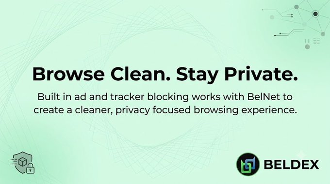 A promotional banner with a light green background reading 'Browse Clean. Stay Private.' with Beldex branding, highlighting ad/tracker blocking features.
