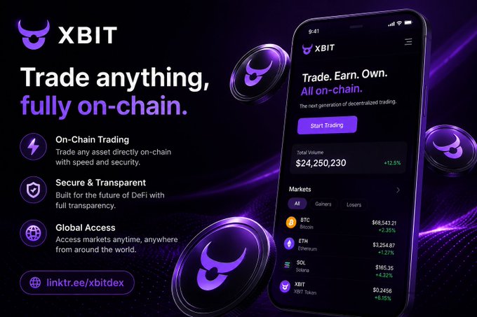 A promotional banner for XBIT decentralized trading platform with the tagline 'Trade anything, fully on-chain,' featuring a mobile app screenshot showing BTC, ETH, SOL markets and $24,250,230 total volume.
