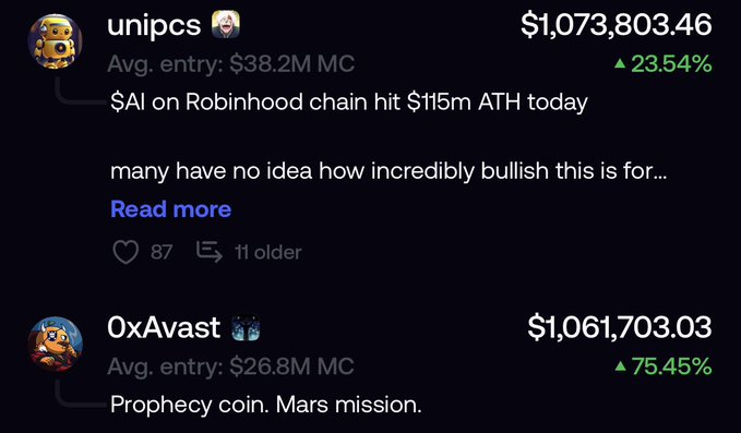The image shows two top holders rankings on what appears to be the FOMO platform: "unipcs" in first place with $1,073,803.46 (up 23.54%) discussing $AI hitting a $115M ATH on Robinhood chain, and "OxAvast" in second place with $1,061,703.03 (up 75.45%) labeled as a "Prophecy coin. Mars mission." The rankings align with the accompanying post celebrating OxAvast joining the MarsCoin movement alongside unipcs, referencing their near-identical holdings and the bullish sentiment around both meme coins.