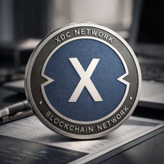 A sleek metallic coin featuring the XDC Network logo with "XDC NETWORK" inscribed along the top edge and "BLOCKCHAIN NETWORK" along the bottom, resting on a laptop keyboard. The coin visually reinforces the post's message about $XDC's rising momentum and growing stablecoin activity on the XDC Network blockchain.