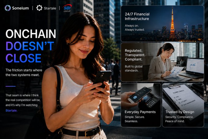 A promotional graphic for 'Soneium | Startale | SBI GROUP' featuring a woman using her phone, with the headline 'ONCHAIN DOESN'T CLOSE' and panels highlighting '24/7 Financial Infrastructure' and 'Everyday Payments'.