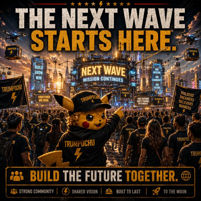 This promotional image features a Pikachu-like character wearing a "TRUMPOCHU" hat, set against a futuristic cityscape with large text reading "THE NEXT WAVE STARTS HERE." The artwork visualizes the accompanying post's message of growth and community by depicting a large crowd of supporters gathered beneath skyscrapers and drones, all unified by the slogan "BUILD THE FUTURE TOGETHER."