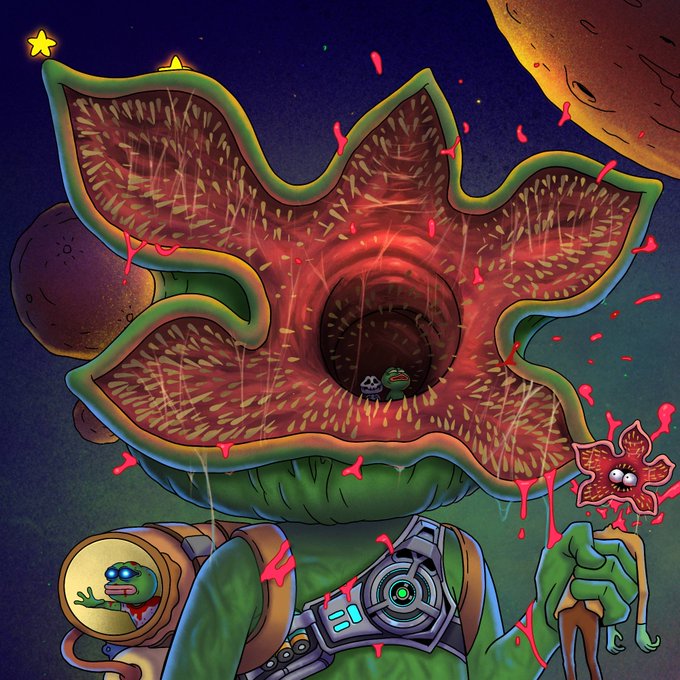 A digital illustration of a grotesque, green-skinned alien creature with a massive, multi-petaled mouth lined with teeth, wearing a backpack and holding a small red starfish-like creature.