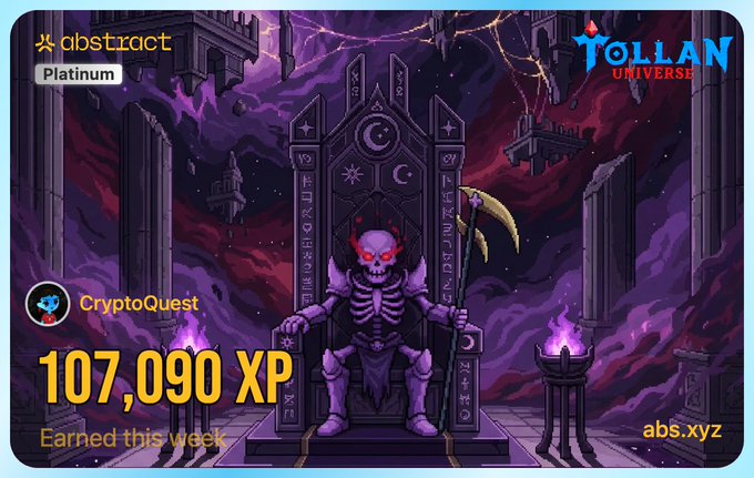 The image features a cartoon illustration of a skeleton sitting on a throne with a sword in its hand. Below the skeleton, there's text that reads "Happy @AbstractChain XP day I got 107,090XP this week". The background of the image is purple and filled with clouds, giving it an artistic and whimsical feel.