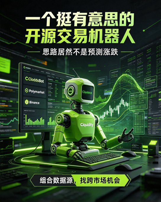 A Chinese promotional graphic titled '一个挺有意思的开源交易机器人' (A quite interesting open-source trading bot) showing a green robot labeled 'CloddsBot' and 'Clquidity' connected to data sources like Polymarket and Binance, with the tagline '思路居然不是预测涨跌' (The approach isn't actually predicting price movements) and '组合数据源，找跨市场机会' (Combine data sources to find cross-market opportunities).