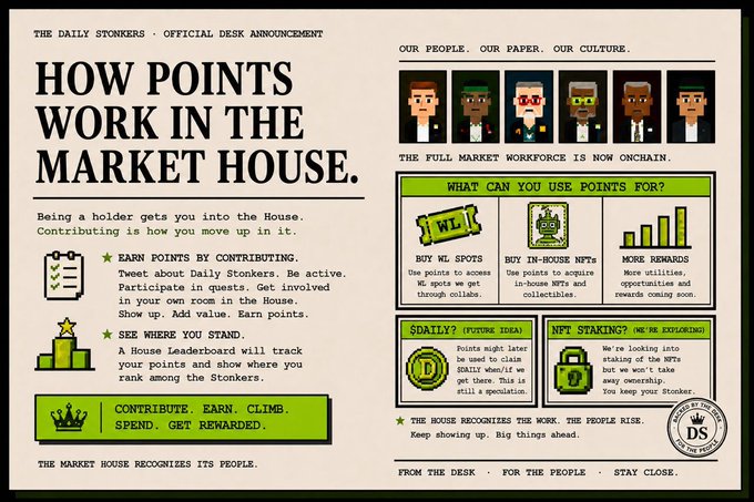 An infographic titled 'HOW POINTS WORK IN THE MARKET HOUSE' from 'THE DAILY STONKERS,' explaining a points system that involves contributing, earning, and spending points for WL spots, in-house NFTs, and rewards.