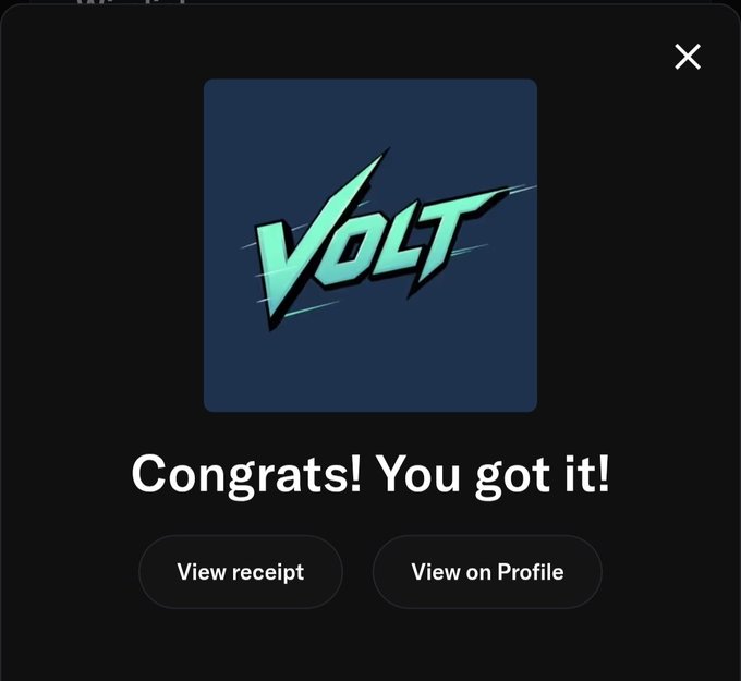 A digital receipt or confirmation screen on a dark background featuring a stylized 'VOLT' logo and the message 'Congrats! You got it!' with options to view receipt or profile.