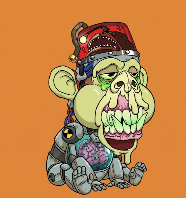 A cartoon illustration of a green zombie-like monkey character with an exposed brain, large protruding teeth, wearing red cybernetics and metallic robotic limbs, set against an orange background.