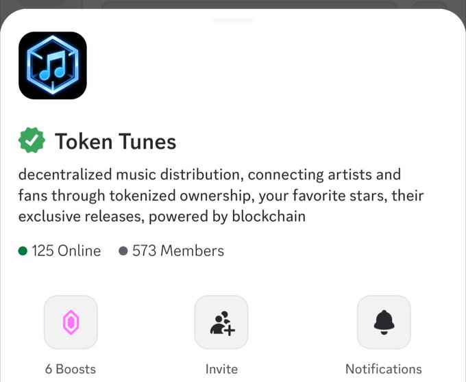 A mobile app or Discord server interface for 'Token Tunes,' described as 'decentralized music distribution, connecting artists and fans through tokenized ownership, your favorite stars, their exclusive releases, powered by blockchain,' showing 125 Online members and 573 total Members.
